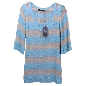Vertigo Blue & Cream Striped Knit Tunic Sweater Size L